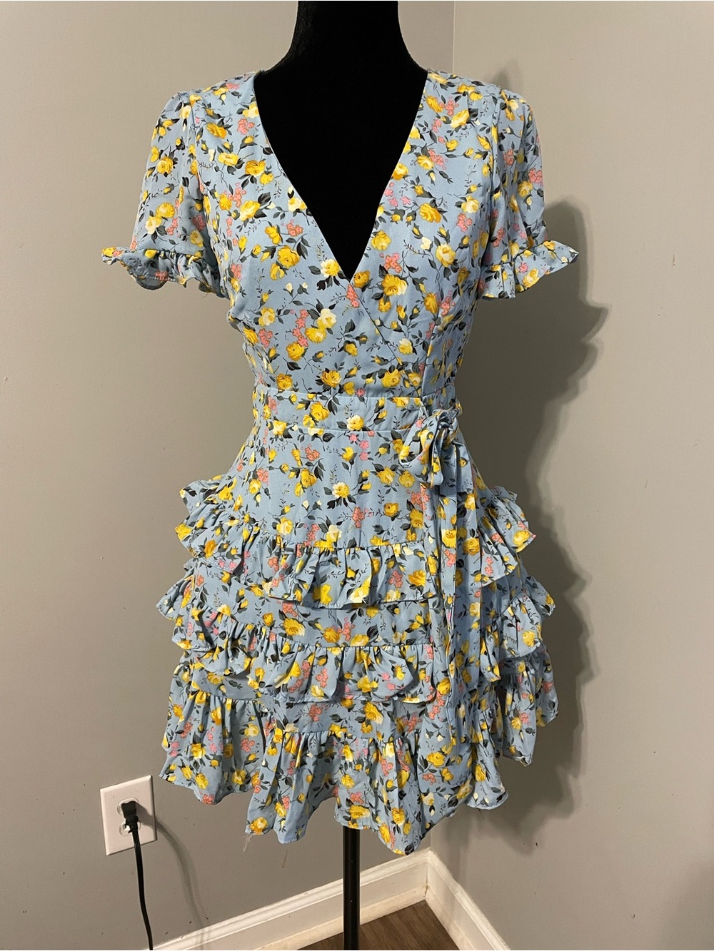 Lulu's Feelin Butterflies Blue Floral Faux Wrap Mini Dress